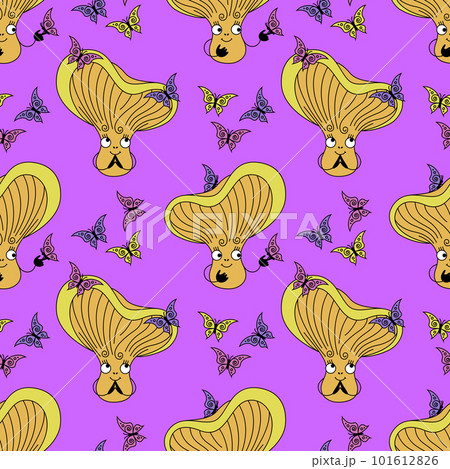 Cute chanterelle mushroom seamless pattern. Purple background with happy fungus with butterflies in flat retro style. 101612826