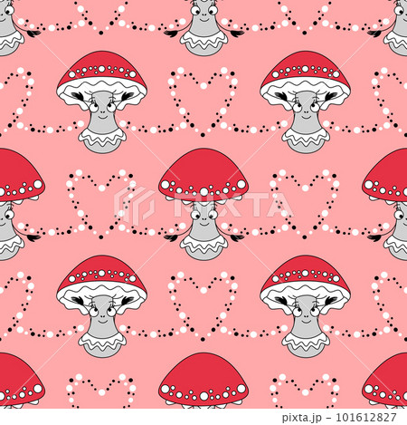 Cute agaric mushroom seamless pattern. Red background with fungus and hearts in flat retro style. 101612827