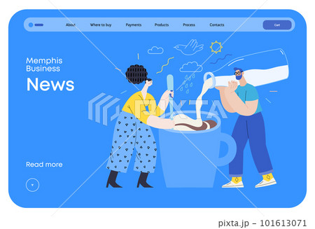 Memphis business illustration. News -modern flat vector concept illustration of people preparing coffee with milk. Corporate business morning news metaphor. 101613071