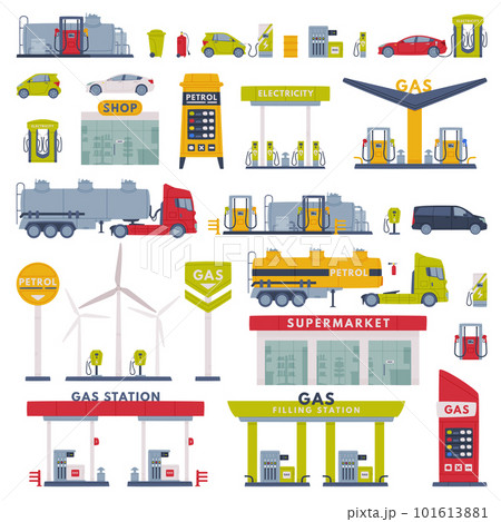 Gas Filling Station as Facility Selling Fuel for Motor Vehicle Vector Set Gas Filling Station as Facility Selling Fuel for Motor Vehicle Vector Set 101613881