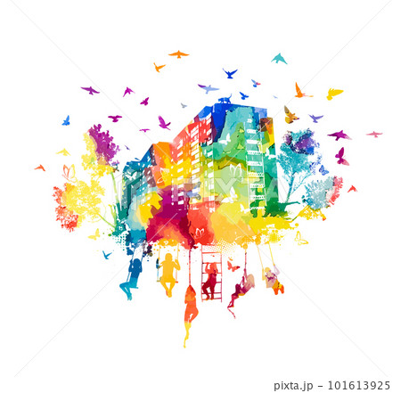 Abstraction colored city. Rainbow buildings. Silhouettes of happy people in watercolor. Vector illustration 101613925