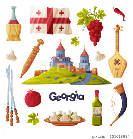 Georgia Cultural Symbol and Country Attribute with Flag and Church Vector Set Georgia Cultural Symbol and Country Attribute with Flag and Church Vector Set 101613954