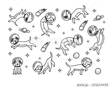 Space Astronaut Cute Dog Sign Black Thin Line Set Different Poses. Vector illustration of Puppy Cosmonaut 101614456