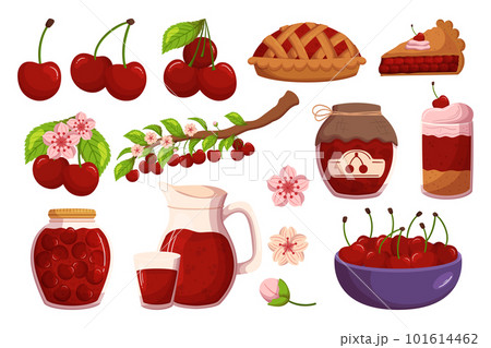 Set Of Delicious Cherry Berry Foods Such As Fresh Berries, Blossoms, Pies, Jams, And Tarts, Juice, Fresh Ingredients 101614462