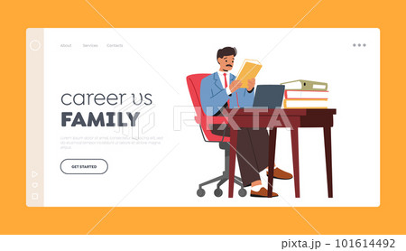 Career Vs Family Landing Page Template. Busy Man Character Seated At An Office Desk Surrounded By Papers, Using Computer Career Vs Family Landing Page Template. Busy Man Character Seated At An Office Desk Surrounded By Papers, Using Computer 101614492