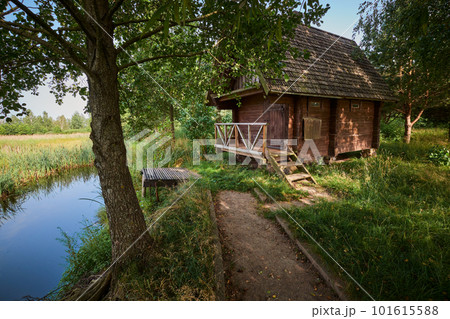 Bath house on the shore of the pond in summer. 101615588