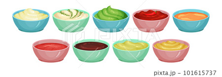 Different Sauces as Liquid or Cream Food Served in Bowls Vector Set Different Sauces as Liquid or Cream Food Served in Bowls Vector Set 101615737