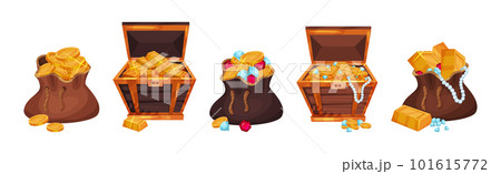 Pile of Golden Coins, Ingots and Gemstones in Wooden Chest and Sack Vector Set Pile of Golden Coins, Ingots and Gemstones in Wooden Chest and Sack Vector Set 101615772