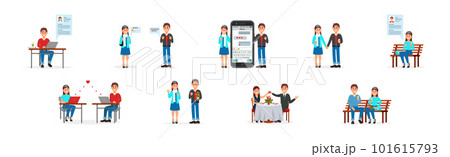 Young Man and Woman on Dating Site Chatting with Each Other Vector Illustration Set Young Man and Woman on Dating Site Chatting with Each Other Vector Illustration Set 101615793