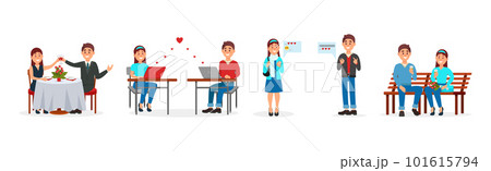 Young Man and Woman on Dating Site Chatting with Each Other Vector Illustration Set 101615794
