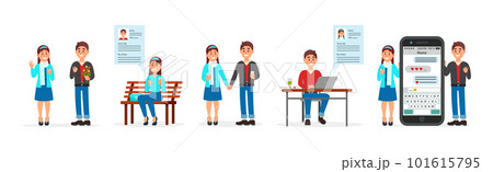 Young Man and Woman on Dating Site Chatting with Each Other Vector Illustration Set 101615795