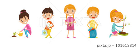 Little Boy and Girl Taking Care of Nature and Planet Vector Illustration Set Little Boy and Girl Taking Care of Nature and Planet Vector Illustration Set 101615814