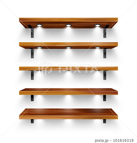 Realistic wooden store shelves with wall mount and lighting, spotlights. Empty product shelf, grocery wall rack. Mall and supermarket furniture, bookshelf. Interior design. Vector illustration Realistic wooden store shelves with wall mount and lighting, spotlights. Empty product shelf, grocery wall rack. Mall and supermarket furniture, bookshelf. Interior design. Vector illustration 101616319