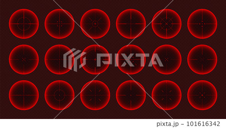 Various weapon thermal infrared sights, sniper rifle optical scopes. Hunting gun viewfinder with crosshair. Aim, shooting mark symbol. Military target sign. Game UI element. Vector illustration 101616342