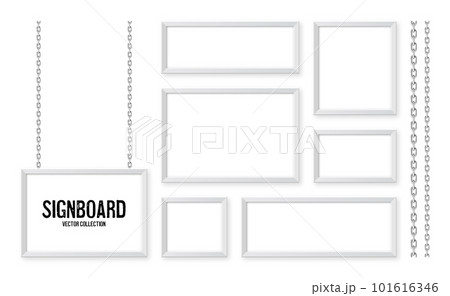 White signboards hanging on a metal chain. Restaurant menu board. Modern poster mockup. Blank photo or picture frame. Advertising or presentation boards. Street banner. Vector illustration 101616346