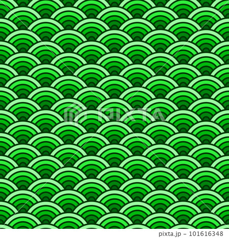 Colorful Chinese and Japanese seamless pattern. Traditional asian ornament, oriental New Year decoration. Modern green background, geometric texture with waves. Vector illustration 101616348