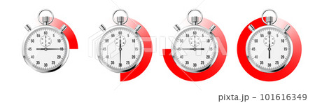 Realistic classic stopwatch. Shiny metal chronometer, time counter with dial. Red countdown timer showing minutes and seconds. Time measurement for sport, start and finish. Vector illustration 101616349