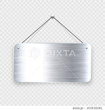 Brushed metal blank hanging signboard. Vintage door sign for cafe, restaurant, bar or retail store. Announcement banner, information signage for business or service. Vector illustration 101616381