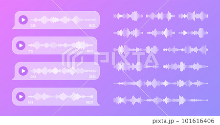 Voice, audio message, transparent speech bubbles. SMS text frame. Social media chat or messaging app conversation. Voice assistant, recorder. Sound wave pattern. Vector illustration 101616406