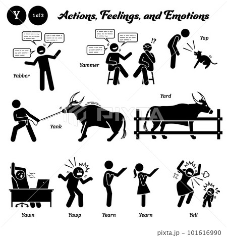 Stick figure human people man action, feelings, and emotions icons alphabet Y. Yabber, yammer, yard, yap, yank, yard, yawn, yawp, yearn, and yell. 101616990
