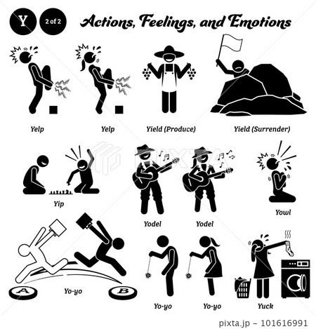 Stick figure human people man action, feelings, and emotions icons alphabet Y. Yelp, yield, produce, surrender, yip, yodel, yowl, yo-yo, and yuck. 101616991