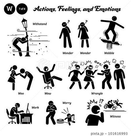 Stick figure human people man action, feelings, and emotions icons alphabet W. Withstand, wonder, wobble, woo, wow, wrangle, work, worry, and witness.  101616993