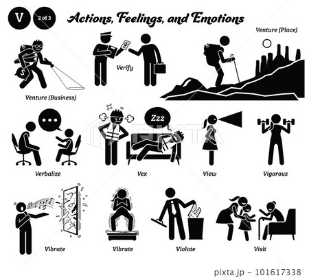 Stick figure human people man action, feelings, and emotions icons alphabet V. Venture, business, place, verify, verbalize, vex, view, vigorous, vibrate, violate, and visit. Stick figure human people man action, feelings, and emotions icons alphabet V. Venture, business, place, verify, verbalize, vex, view, vigorous, vibrate, violate, and visit. 101617338