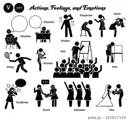 Stick figure human people man action, feelings, and emotions icons alphabet V. Visualize, vitalize, vituperate, vomit, volley, vocalize, vote, vociferate, vouch, volunteer, and vow. Stick figure human people man action, feelings, and emotions icons alphabet V. Visualize, vitalize, vituperate, vomit, volley, vocalize, vote, vociferate, vouch, volunteer, and vow. 101617339