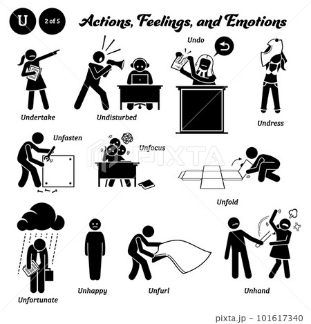 Stick figure human people man action, feelings, and emotions icons alphabet U. Undertake, undisturbed, undo, undress, unfasten, unfocus, unfold, unfortunate, unhappy, unfurl, and unhand. Stick figure human people man action, feelings, and emotions icons alphabet U. Undertake, undisturbed, undo, undress, unfasten, unfocus, unfold, unfortunate, unhappy, unfurl, and unhand. 101617340