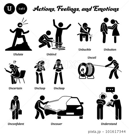 Stick figure human people man action, feelings, and emotions icons alphabet U. Ululate, unbind, unbuckle, unbutton, uncertain, unclasp, uncoil, unconfident, uncover, and understand. Stick figure human people man action, feelings, and emotions icons alphabet U. Ululate, unbind, unbuckle, unbutton, uncertain, unclasp, uncoil, unconfident, uncover, and understand. 101617344