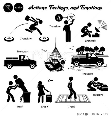 Stick figure human people man action, feelings, and emotions icons alphabet T. Transition, translate, transmit, transport, trap, traverse, trash, travel, tread, and treasure. Stick figure human people man action, feelings, and emotions icons alphabet T. Transition, translate, transmit, transport, trap, traverse, trash, travel, tread, and treasure. 101617349
