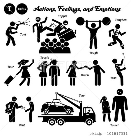 Stick figure human people man action, feelings, and emotions icons alphabet T. Toot, topple, tough, toughen, tour, tousle, touch, toss, tout, tow, and tower. Stick figure human people man action, feelings, and emotions icons alphabet T. Toot, topple, tough, toughen, tour, tousle, touch, toss, tout, tow, and tower. 101617351