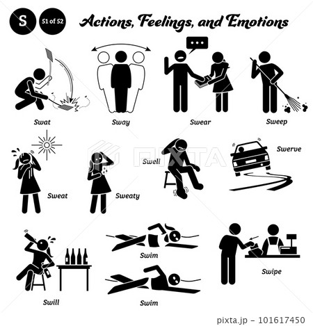 Stick figure human people man action, feelings, and emotions icons alphabet S. Swat, sway, swear, sweep, sweat, sweaty, swell, swerve, swill, swim, and swipe. Stick figure human people man action, feelings, and emotions icons alphabet S. Swat, sway, swear, sweep, sweat, sweaty, swell, swerve, swill, swim, and swipe. 101617450