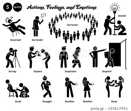 Stick figure human people man action, feelings, and emotions icons alphabet S. Surprised, surrender, surround, sustain, survey, suspect, suspicious, suspend, swab, swagger, swallow, and swap. Stick figure human people man action, feelings, and emotions icons alphabet S. Surprised, surrender, surround, sustain, survey, suspect, suspicious, suspend, swab, swagger, swallow, and swap. 101617451