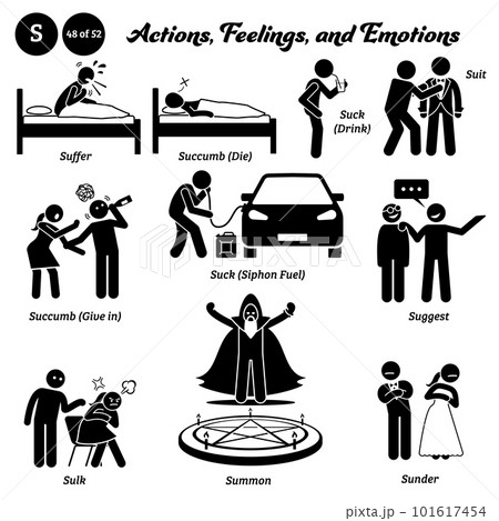 Stick figure human people man action, feelings, and emotions icons alphabet S. Suffer, succumb, die, suck, drink, suit, give in, siphon, fuel, suggest, sulk, summon, and sunder. 101617454