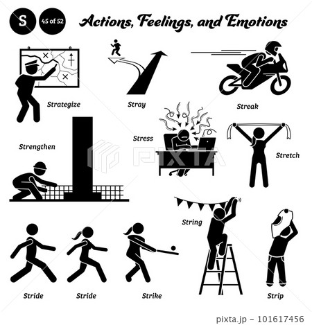 Stick figure human people man action, feelings, and emotions icons alphabet S. Strategize, stray, streak, strengthen, stress, stretch, stride, strike, string, and strip. 101617456