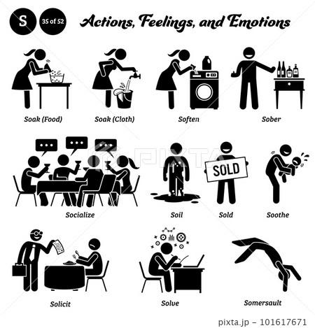 Stick figure human people man action, feelings, and emotions icons alphabet S. Soak, food, cloth, soften, sober, socialize, soil, sold, soothe, solicit, solve, and somersault. Stick figure human people man action, feelings, and emotions icons alphabet S. Soak, food, cloth, soften, sober, socialize, soil, sold, soothe, solicit, solve, and somersault. 101617671