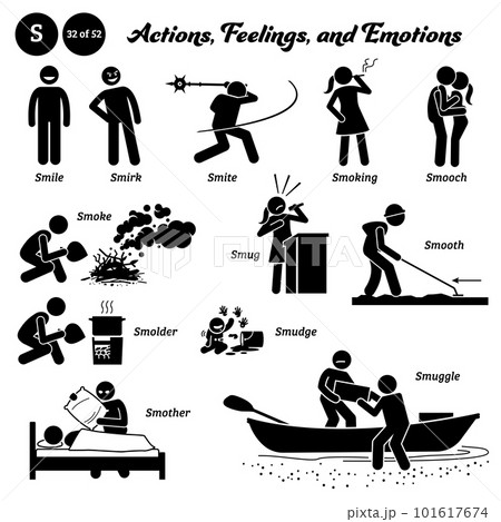 Stick figure human people man action, feelings, and emotions icons alphabet S. Smile, smirk, smite, smoking, smooch, smoke, smolder, smug, smudge, smooth, smother, and smuggle. 101617674