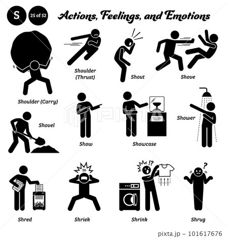 Stick figure human people man action, feelings, and emotions icons alphabet S. Shoulder, carry, thrust, shout, shove, shovel, show, showcase, shower, shred, shriek, shrink, and shrug.  101617676