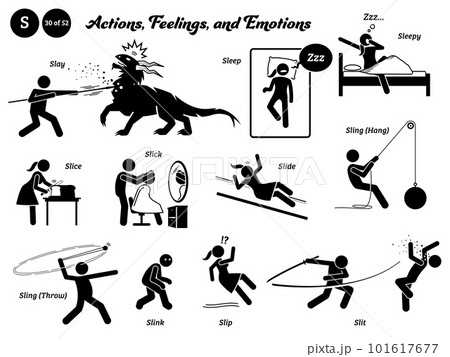 Stick figure human people man action, feelings, and emotions icons alphabet S. Slay, sleep, sleepy, slice, slick, slide, sling, hang, throw, slink, slip, and slit. Stick figure human people man action, feelings, and emotions icons alphabet S. Slay, sleep, sleepy, slice, slick, slide, sling, hang, throw, slink, slip, and slit. 101617677