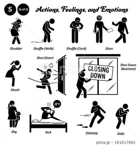 Stick figure human people man action, feelings, and emotions icons alphabet S. Shudder, shuffle, walk, card, shun, shush, shut, door, shut down, business, shy, sick, sidestep, and sidle. Stick figure human people man action, feelings, and emotions icons alphabet S. Shudder, shuffle, walk, card, shun, shush, shut, door, shut down, business, shy, sick, sidestep, and sidle. 101617681