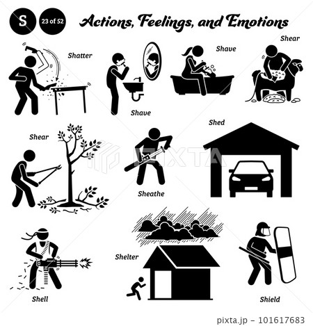 Stick figure human people man action, feelings, and emotions icons alphabet S. Shatter, shave, shear, sheathe, shed, shell, shelter, and shield.  101617683