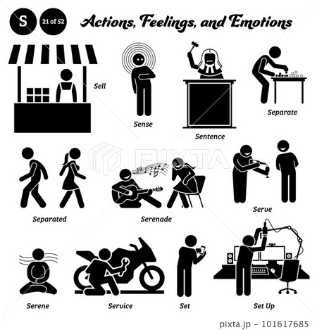 Stick figure human people man action, feelings, and emotions icons alphabet S. Sell, sense, sentence, separate, separated, serenade, serve, serene, service, set, and set up. 101617685