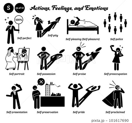 Stick figure human people man action and feelings icons alphabet S. Self, perfect, pity, pleasing, police, portrait, possession, praise, preoccupation, presentation, preservation, pride, proclaimed. 101617690
