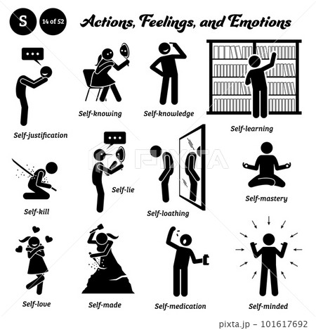 Stick figure human people man action, feelings, and emotions icons alphabet S. Self, justification, knowing, knowledge, learning, kill, lie, loathing, mastery, love, made, medication, and minded. 101617692