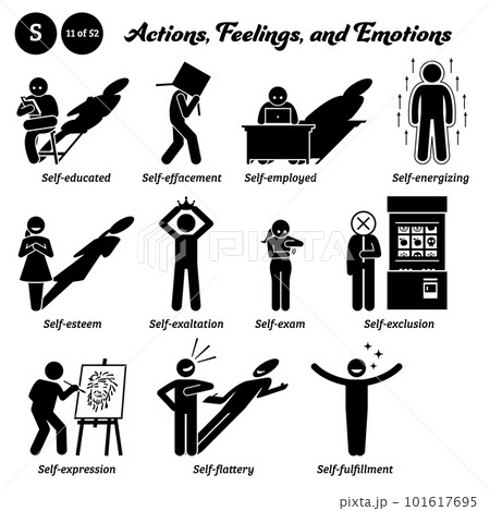 Stick figure human people man action, feelings, and emotions icons alphabet S. Self educated, effacement, employed, energizing, esteem, exaltation, exam, exclusion, expression, flattery, fulfillment.  101617695