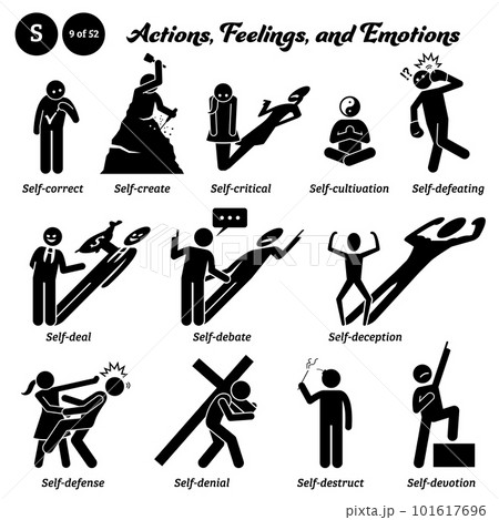 Stick figure human people man action, feelings, and emotions icons alphabet S. Self, correct, create, critical, cultivation, defeating, deal, debate, deception, defense, denial, destruct, and devotion 101617696