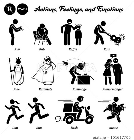 Stick figure human people man action, feelings, and emotions icons alphabet R. Rub, ruffle, ruin, rule, ruminate, rummage, rumormonger, run, rush, and rustle. 101617706