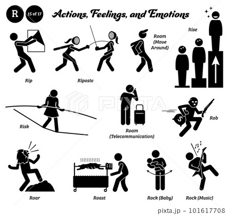 Stick figure human people man action, feelings, and emotions icons alphabet R. Rip, riposte, roam, move around, rise, risk, telecommunication, rob, roar, roast, rock, baby, and music. 101617708