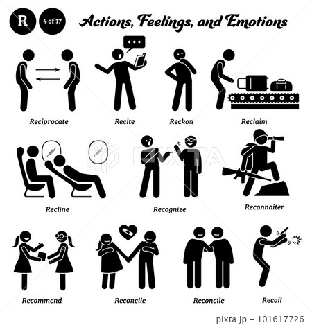 Stick figure human people man action, feelings, and emotions icons alphabet R. Reciprocate, recite, reckon, reclaim, recline, recognize, reconnoiter, recommend, reconcile, and recoil. Stick figure human people man action, feelings, and emotions icons alphabet R. Reciprocate, recite, reckon, reclaim, recline, recognize, reconnoiter, recommend, reconcile, and recoil. 101617726